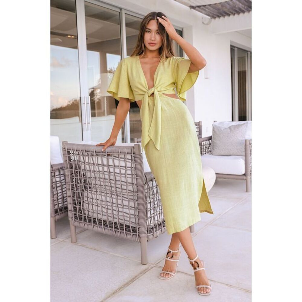 Lulus Summer Journey Light Green Tie-front Cutout Midi Dress - Size M